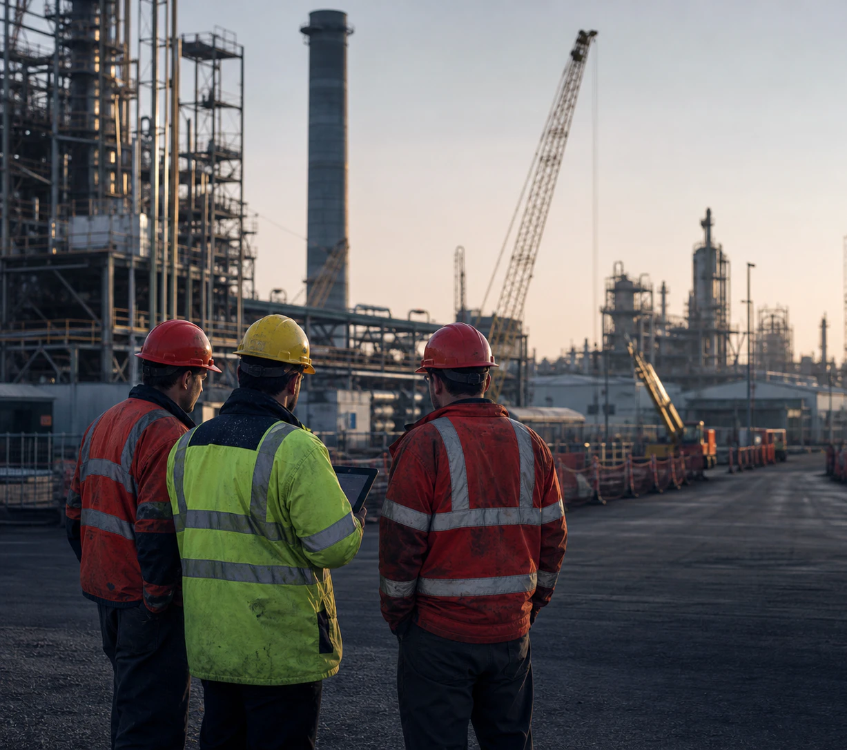Industrial workers reviewing field operations at an active worksite