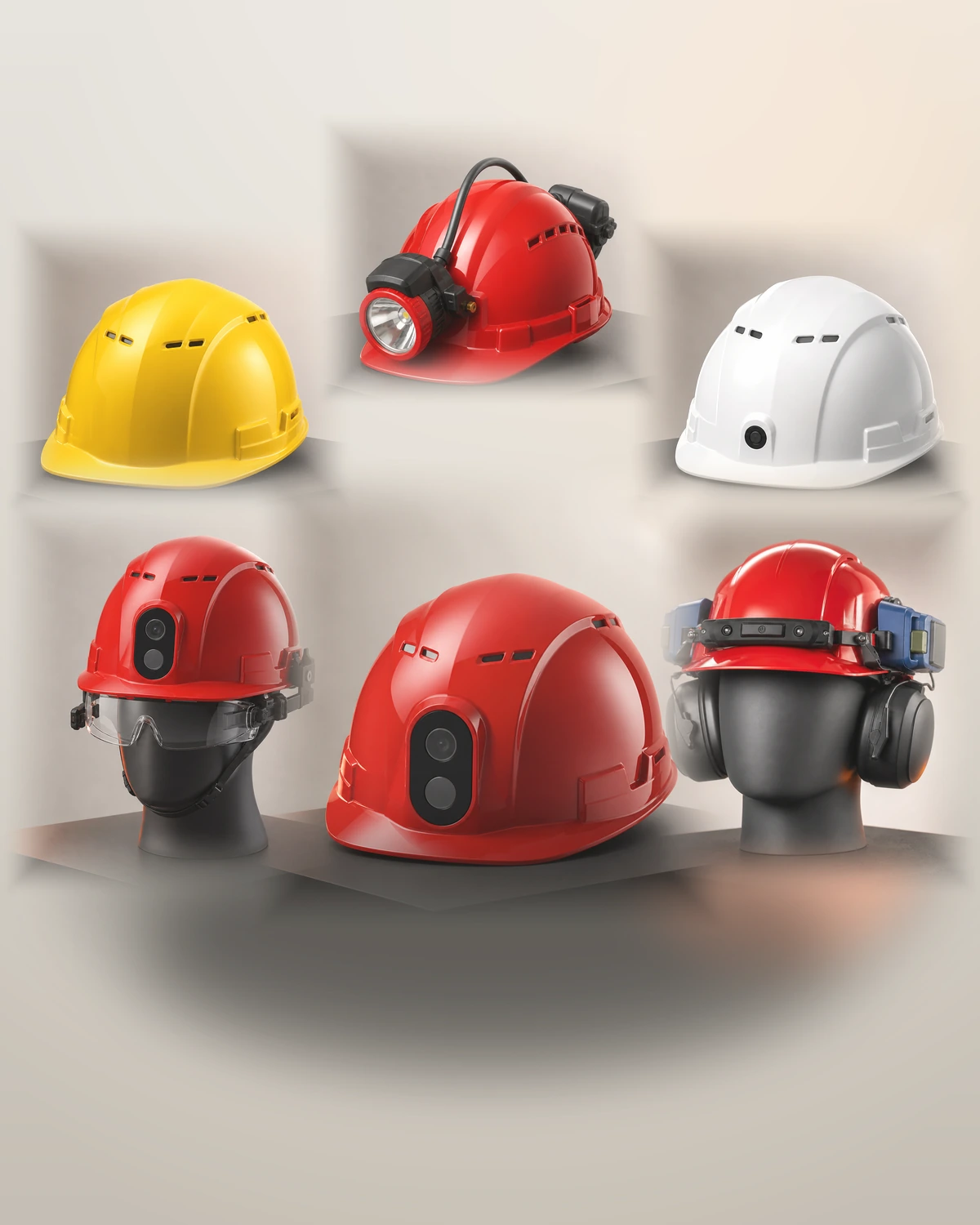 Six Blueguanding smart safety helmet models in one studio scene