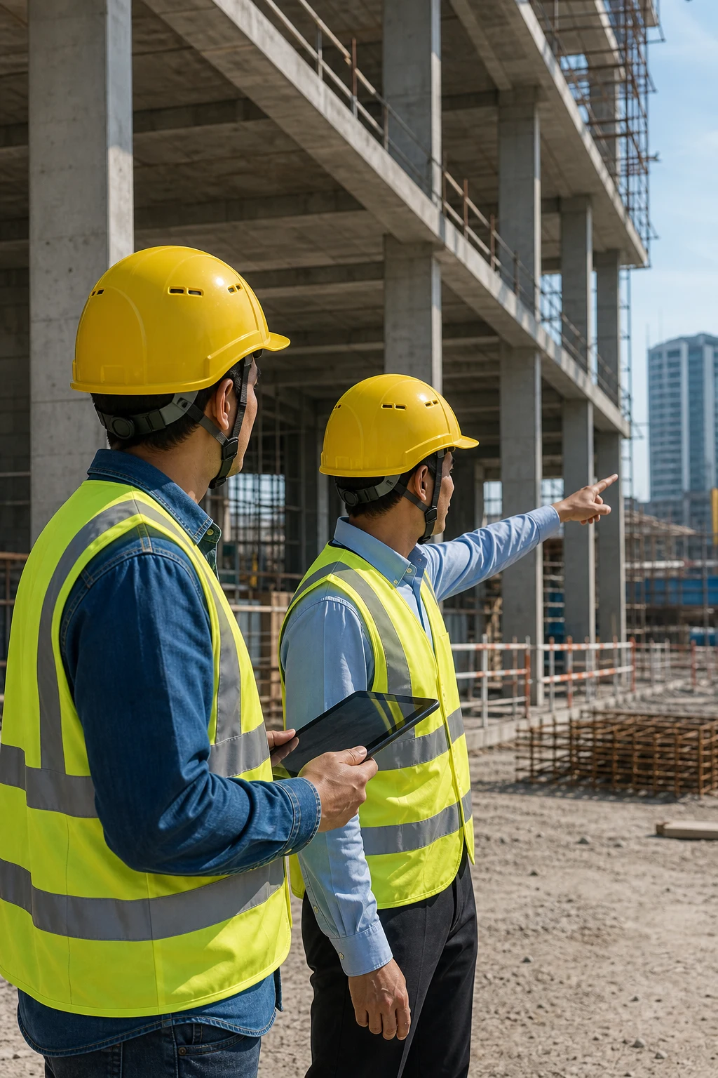 Project team reviewing a construction worksite during deployment planning