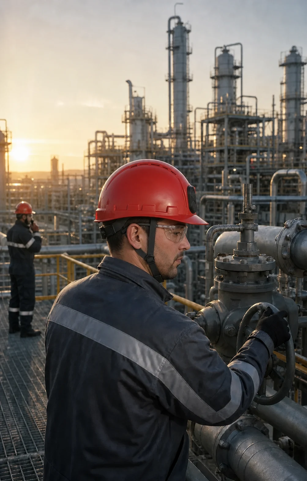 Industrial worker inspecting process equipment with a smart safety helmet